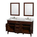 Hatton 60 Inch Double Bathroom Vanity in Dark Chestnut, White Carrara Marble Countertop, Undermount Oval Sinks, and 24 Inch Mirrors