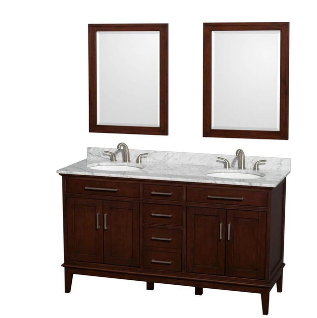 Wyndham Collection - Hatton 60 Inch Double Bathroom Vanity in Dark Chestnut, White Carrara Marble Countertop, Undermount Oval Sinks, and 24 Inch Mirrors - Dark Chestnut