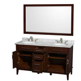 Hatton 60 Inch Double Bathroom Vanity in Dark Chestnut, White Carrara Marble Countertop, Undermount Oval Sinks, and 56 Inch Mirror