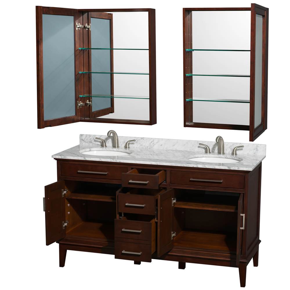 Hatton 60 Inch Double Bathroom Vanity in Dark Chestnut, White Carrara Marble Countertop, Undermount Round Sinks, 24 Inch Medicine Cabinets