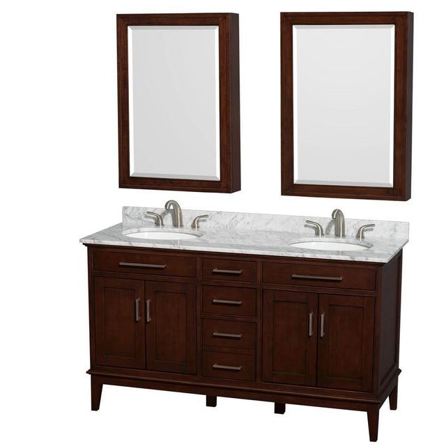 Wyndham Collection - Hatton 60 Inch Double Bathroom Vanity in Dark Chestnut, White Carrara Marble Countertop, Undermount Round Sinks, 24 Inch Medicine Cabinets - Dark Chestnut