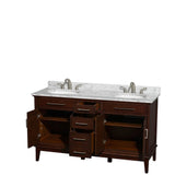 Hatton 60 Inch Double Bathroom Vanity in Dark Chestnut, White Carrara Marble Countertop, Undermount Oval Sinks, and No Mirror