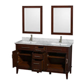 Hatton 60 Inch Double Bathroom Vanity in Dark Chestnut, White Carrara Marble Countertop, Undermount Square Sinks, and 24 Inch Mirrors
