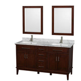 Wyndham Collection - Hatton 60 Inch Double Bathroom Vanity in Dark Chestnut, White Carrara Marble Countertop, Undermount Square Sinks, and 24 Inch Mirrors - Dark Chestnut