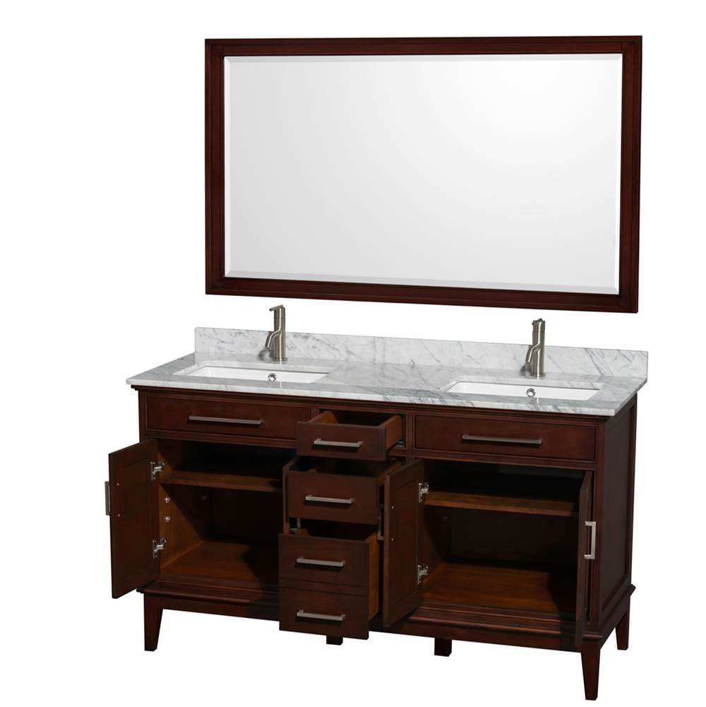 Hatton 60 Inch Double Bathroom Vanity in Dark Chestnut, White Carrara Marble Countertop, Undermount Square Sinks, and 56 Inch Mirror