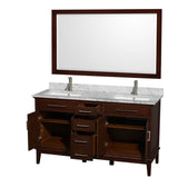 Hatton 60 Inch Double Bathroom Vanity in Dark Chestnut, White Carrara Marble Countertop, Undermount Square Sinks, and 56 Inch Mirror