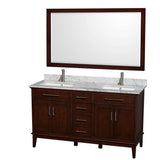 Wyndham Collection - Hatton 60 Inch Double Bathroom Vanity in Dark Chestnut, White Carrara Marble Countertop, Undermount Square Sinks, and 56 Inch Mirror - Dark Chestnut