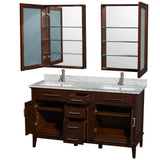Hatton 60 Inch Double Bathroom Vanity in Dark Chestnut, White Carrara Marble Countertop, Undermount Square Sinks, 24 Inch Medicine Cabinets