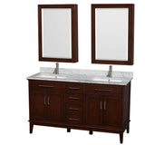 Wyndham Collection - Hatton 60 Inch Double Bathroom Vanity in Dark Chestnut, White Carrara Marble Countertop, Undermount Square Sinks, 24 Inch Medicine Cabinets - Dark Chestnut