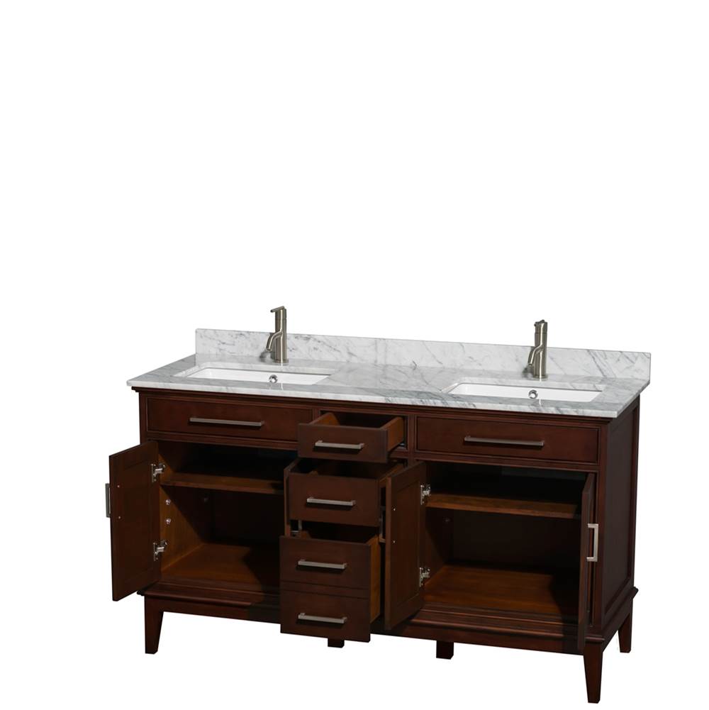 Hatton 60 Inch Double Bathroom Vanity in Dark Chestnut, White Carrara Marble Countertop, Undermount Square Sinks, and No Mirror