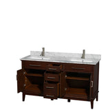 Hatton 60 Inch Double Bathroom Vanity in Dark Chestnut, White Carrara Marble Countertop, Undermount Square Sinks, and No Mirror