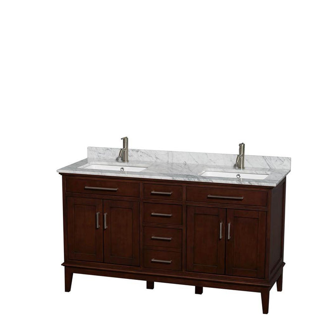 Wyndham Collection - Hatton 60 Inch Double Bathroom Vanity in Dark Chestnut, White Carrara Marble Countertop, Undermount Square Sinks, and No Mirror - Dark Chestnut
