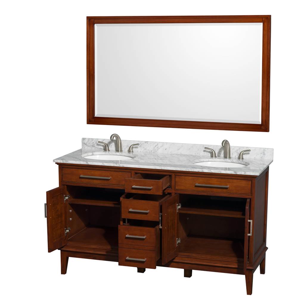 Hatton 60 Inch Double Bathroom Vanity in Dark Chestnut, White Carrara Marble Countertop, Undermount Oval Sinks, and 56 Inch Mirror