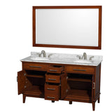 Hatton 60 Inch Double Bathroom Vanity in Dark Chestnut, White Carrara Marble Countertop, Undermount Oval Sinks, and 56 Inch Mirror