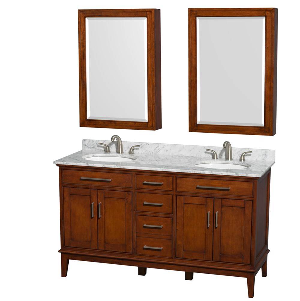 Wyndham Collection - Hatton 60 Inch Double Bathroom Vanity in Light Chestnut, White Carrara Marble Countertop, Undermount Round Sinks, 24 Inch Medicine Cabinets - Light Chestnut