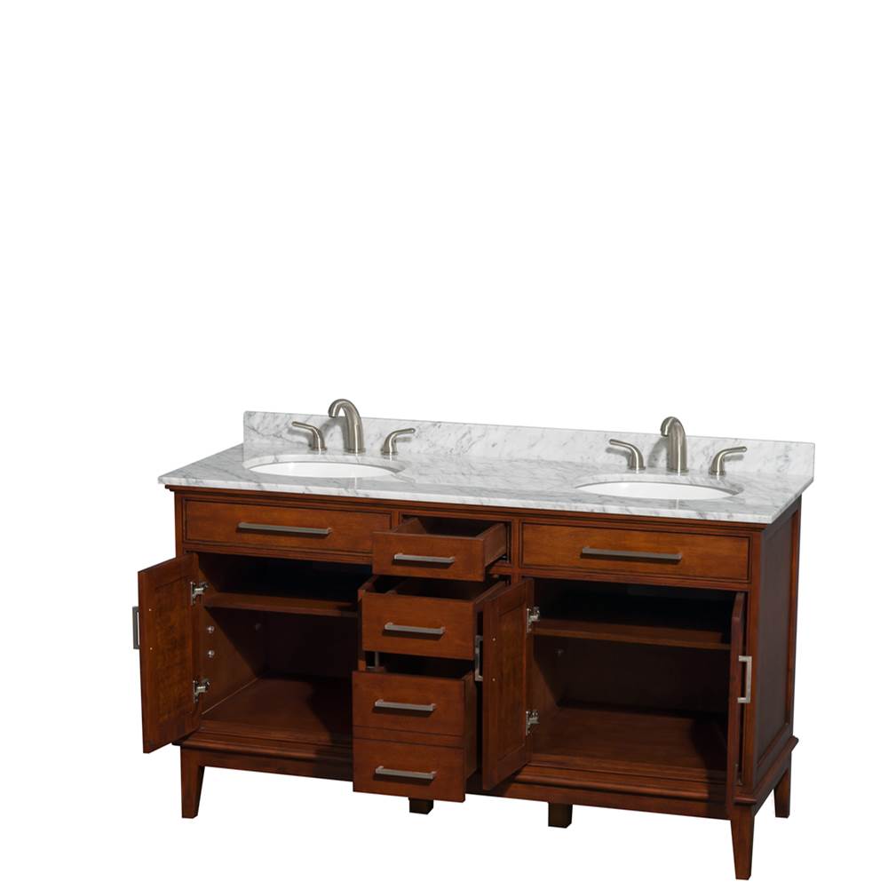 Hatton 60 Inch Double Bathroom Vanity in Dark Chestnut, White Carrara Marble Countertop, Undermount Oval Sinks, and No Mirror