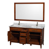 Hatton 60 Inch Double Bathroom Vanity in Dark Chestnut, White Carrara Marble Countertop, Undermount Square Sinks, and 56 Inch Mirror