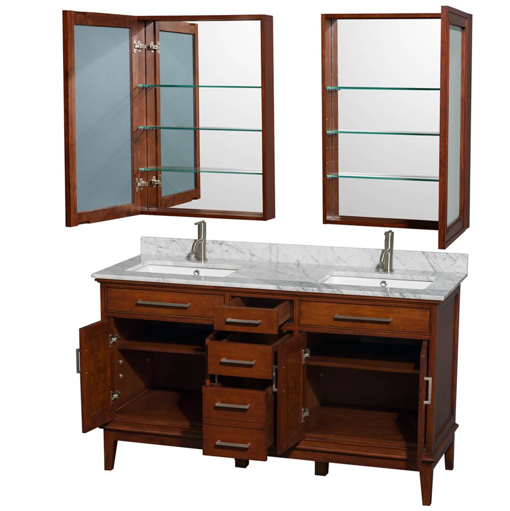 Hatton 60 Inch Double Bathroom Vanity in Dark Chestnut, White Carrara Marble Countertop, Undermount Square Sinks, 24 Inch Medicine Cabinets