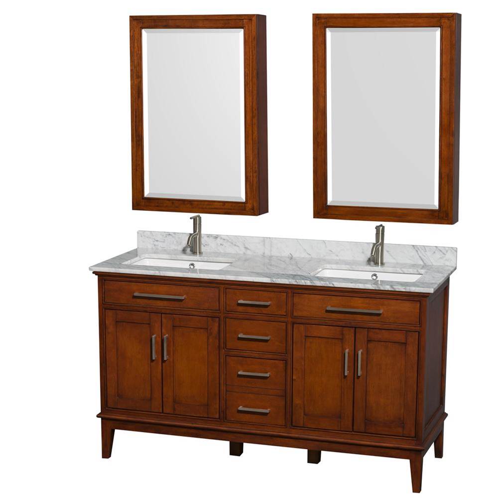 Wyndham Collection - Hatton 60 Inch Double Bathroom Vanity in Light Chestnut, White Carrara Marble Countertop, Undermount Square Sinks, 24 Inch Medicine Cabinets - Light Chestnut
