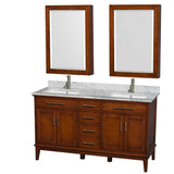 Wyndham Collection - Hatton 60 Inch Double Bathroom Vanity in Light Chestnut, White Carrara Marble Countertop, Undermount Square Sinks, 24 Inch Medicine Cabinets - Light Chestnut