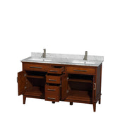 Hatton 60 Inch Double Bathroom Vanity in Dark Chestnut, White Carrara Marble Countertop, Undermount Square Sinks, and No Mirror