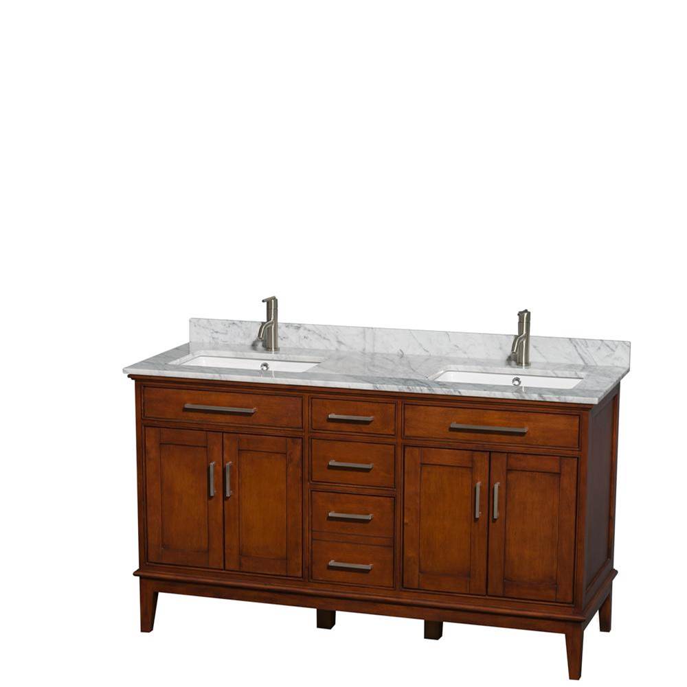 Wyndham Collection - Hatton 60 Inch Double Bathroom Vanity in Light Chestnut, White Carrara Marble Countertop, Undermount Square Sinks, and No Mirror - Light Chestnut