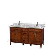 Wyndham Collection - Hatton 60 Inch Double Bathroom Vanity in Light Chestnut, White Carrara Marble Countertop, Undermount Square Sinks, and No Mirror - Light Chestnut