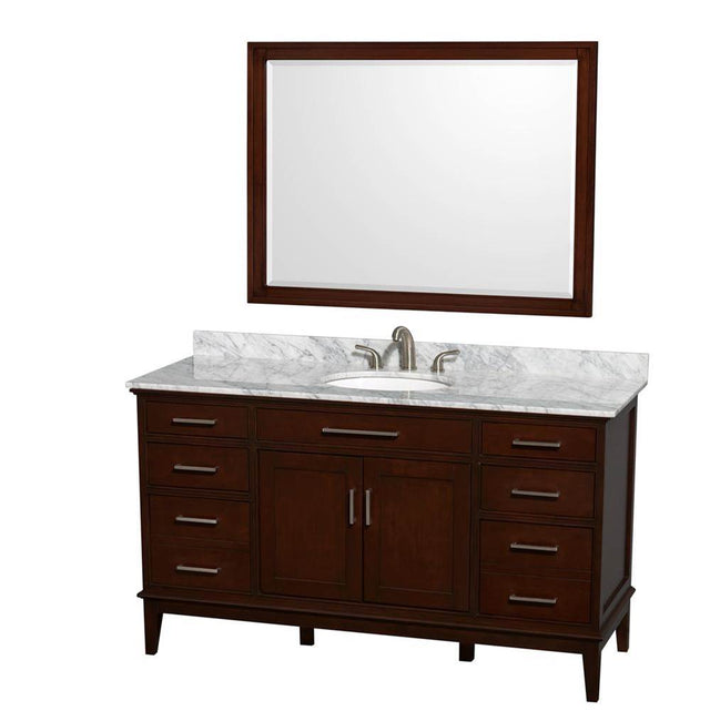Wyndham Collection - Hatton 60 Inch Single Bathroom Vanity in Dark Chestnut, White Carrara Marble Countertop, Undermount Oval Sink, and 44 Inch Mirror - Dark Chestnut