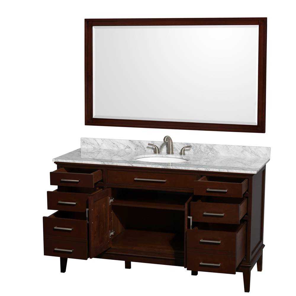 Hatton 60 Inch Single Bathroom Vanity in Dark Chestnut, White Carrara Marble Countertop, Undermount Oval Sink, and 56 Inch Mirror