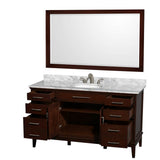 Hatton 60 Inch Single Bathroom Vanity in Dark Chestnut, White Carrara Marble Countertop, Undermount Oval Sink, and 56 Inch Mirror