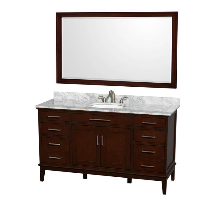 Wyndham Collection - Hatton 60 Inch Single Bathroom Vanity in Dark Chestnut, White Carrara Marble Countertop, Undermount Oval Sink, and 56 Inch Mirror - Dark Chestnut