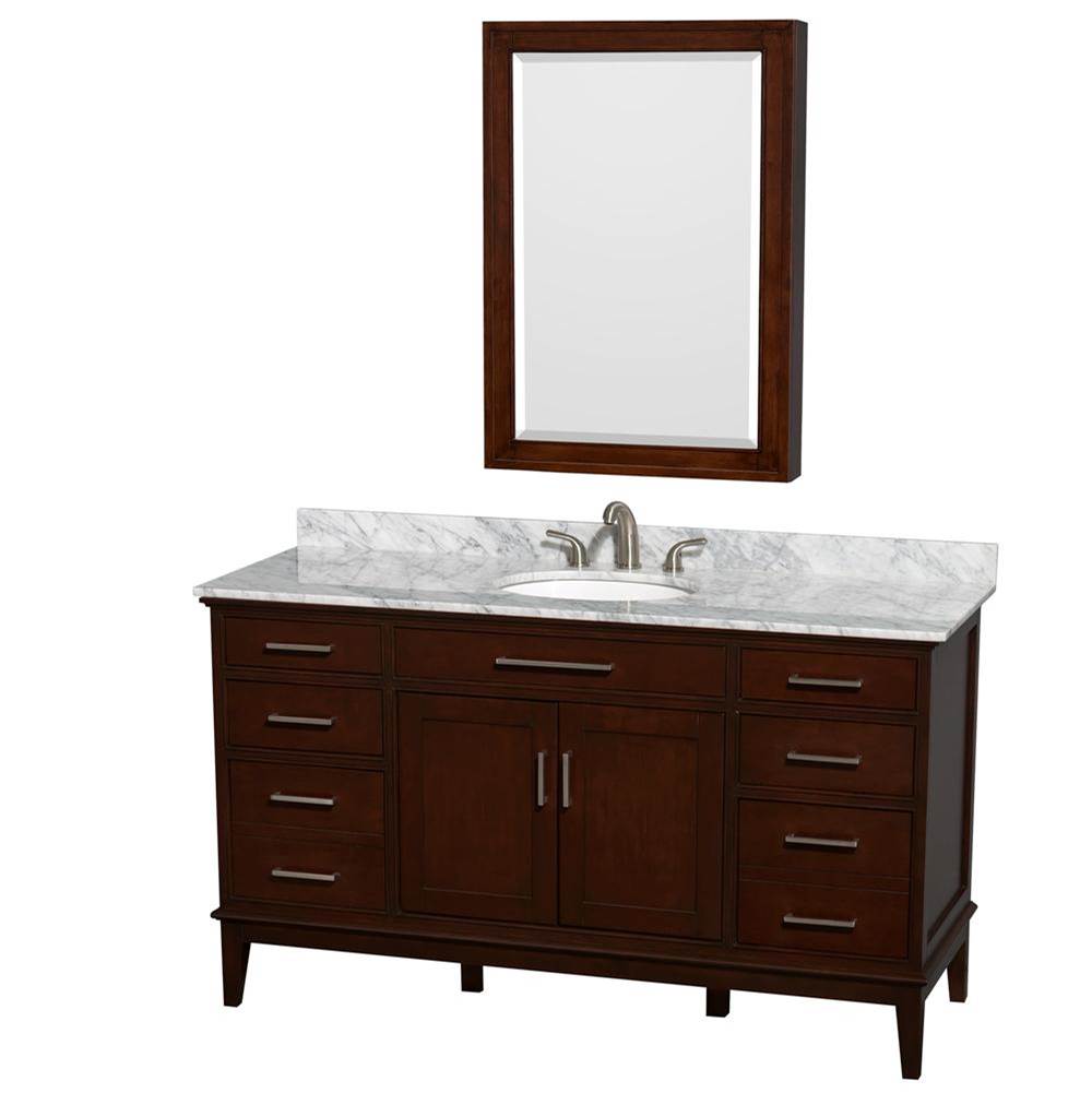 Wyndham Collection - Hatton 60 Inch Single Bathroom Vanity in Dark Chestnut, White Carrara Marble Countertop, Undermount Oval Sink, and Medicine Cabinet - Dark Chestnut