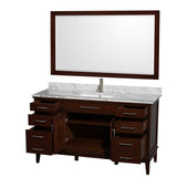 Hatton 60 Inch Single Bathroom Vanity in Dark Chestnut, White Carrara Marble Countertop, Undermount Square Sink, and 56 Inch Mirror
