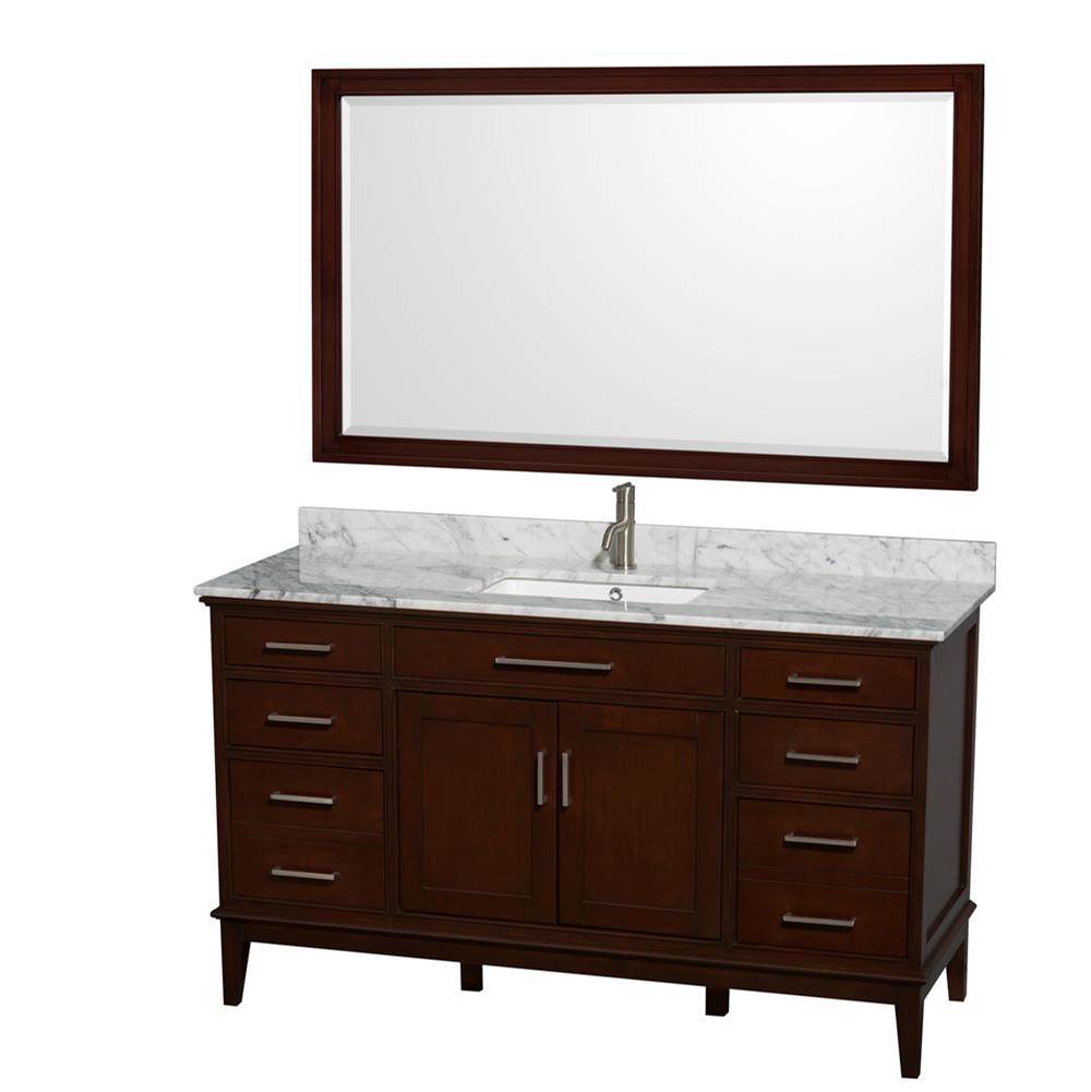 Wyndham Collection - Hatton 60 Inch Single Bathroom Vanity in Dark Chestnut, White Carrara Marble Countertop, Undermount Square Sink, and 56 Inch Mirror - Dark Chestnut