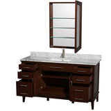 Hatton 60 Inch Single Bathroom Vanity in Dark Chestnut, White Carrara Marble Countertop, Undermount Square Sink, and Medicine Cabinet