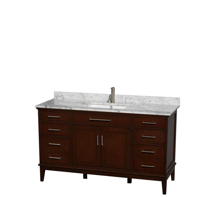 Wyndham Collection - Hatton 60 Inch Single Bathroom Vanity in Dark Chestnut, White Carrara Marble Countertop, Undermount Square Sink, and No Mirror - Dark Chestnut