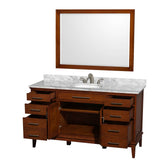 Hatton 60 Inch Single Bathroom Vanity in Dark Chestnut, White Carrara Marble Countertop, Undermount Oval Sink, and 44 Inch Mirror