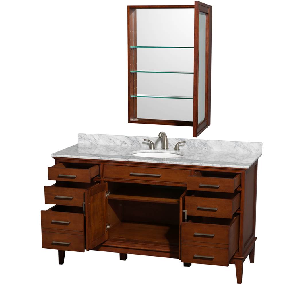 Hatton 60 Inch Single Bathroom Vanity in Dark Chestnut, White Carrara Marble Countertop, Undermount Oval Sink, and Medicine Cabinet
