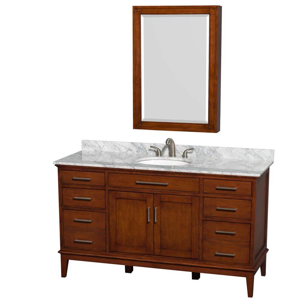 Wyndham Collection - Hatton 60 Inch Single Bathroom Vanity in Light Chestnut, White Carrara Marble Countertop, Undermount Oval Sink, and Medicine Cabinet - Light Chestnut