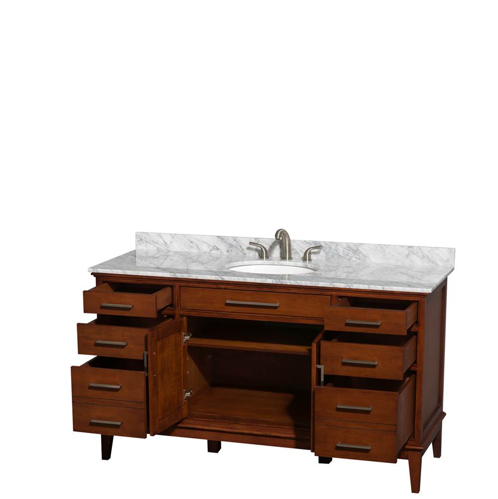 Hatton 60 Inch Single Bathroom Vanity in Dark Chestnut, White Carrara Marble Countertop, Undermount Oval Sink, and No Mirror