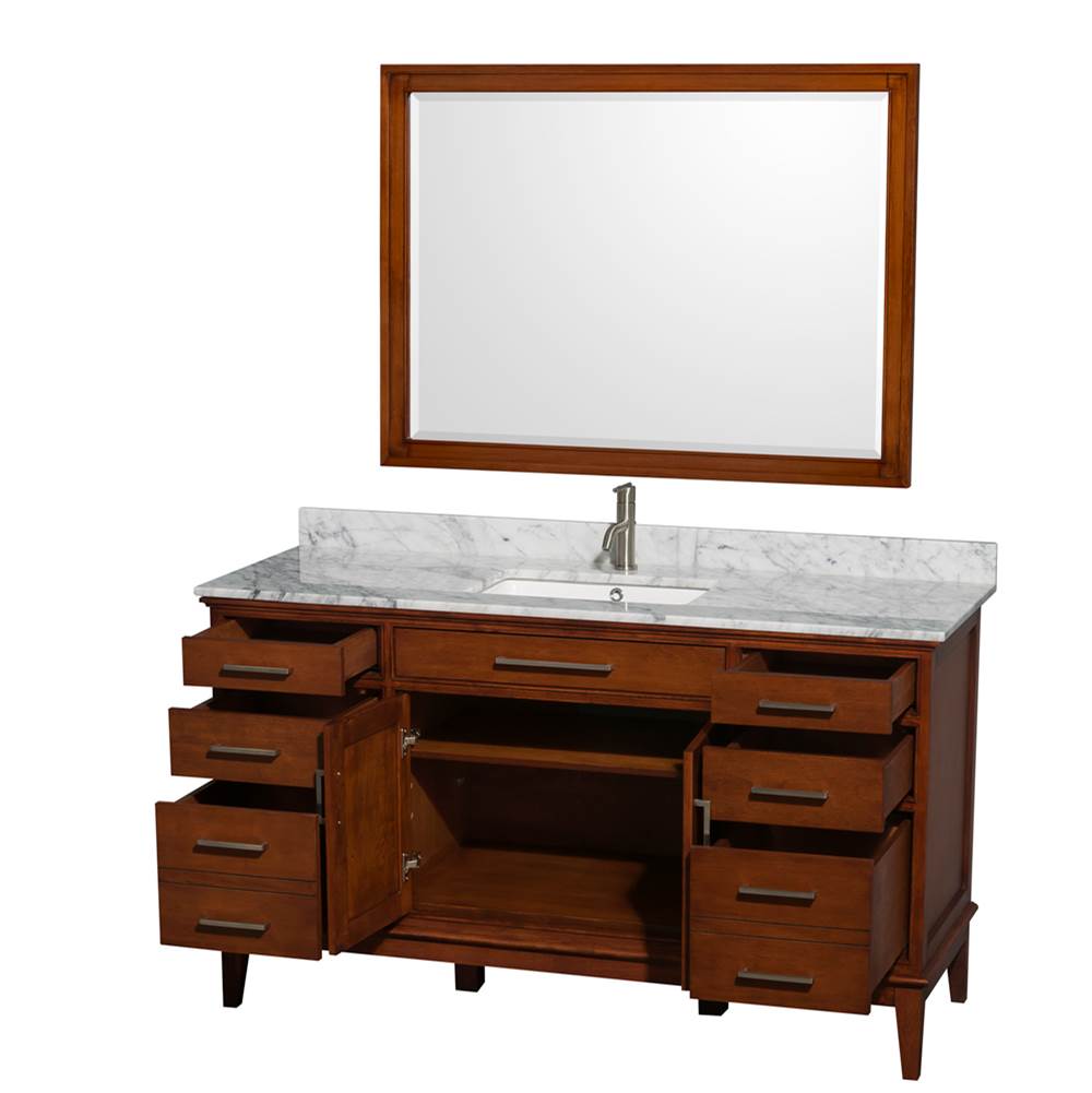 Hatton 60 Inch Single Bathroom Vanity in Dark Chestnut, White Carrara Marble Countertop, Undermount Square Sink, and 44 Inch Mirror