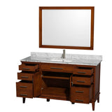 Hatton 60 Inch Single Bathroom Vanity in Dark Chestnut, White Carrara Marble Countertop, Undermount Square Sink, and 44 Inch Mirror