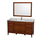 Wyndham Collection - Hatton 60 Inch Single Bathroom Vanity in Light Chestnut, White Carrara Marble Countertop, Undermount Square Sink, and 44 Inch Mirror - Light Chestnut