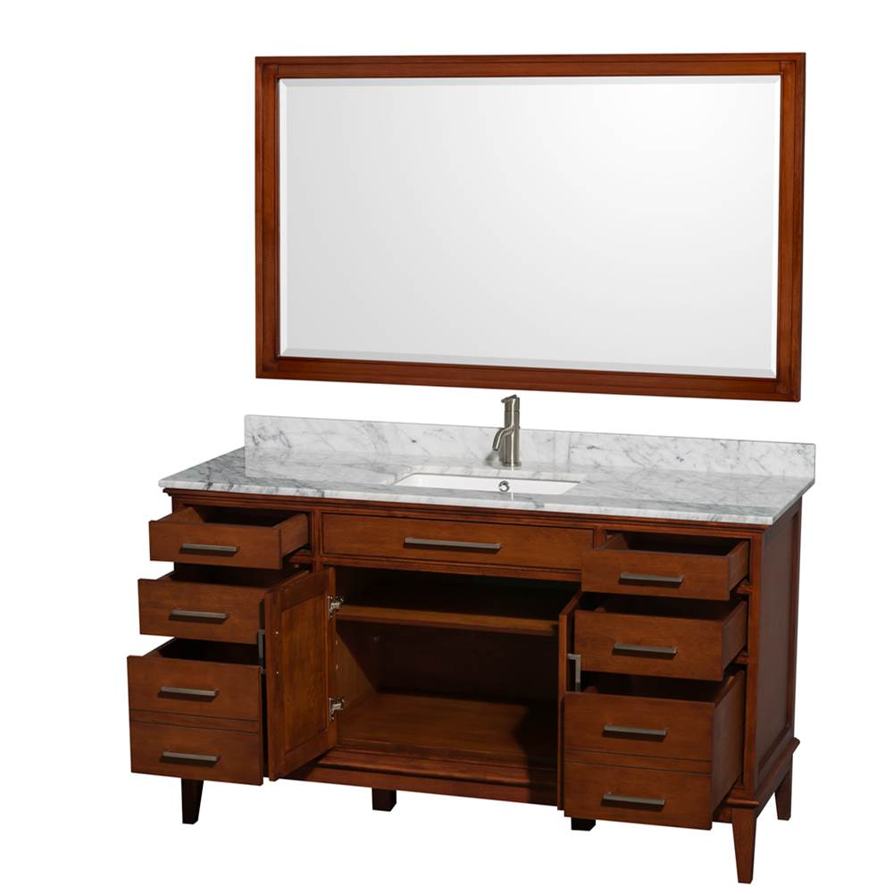Hatton 60 Inch Single Bathroom Vanity in Dark Chestnut, White Carrara Marble Countertop, Undermount Square Sink, and 56 Inch Mirror