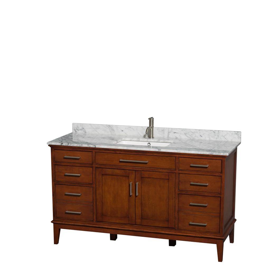 Wyndham Collection - Hatton 60 Inch Single Bathroom Vanity in Light Chestnut, White Carrara Marble Countertop, Undermount Square Sink, and No Mirror - Light Chestnut