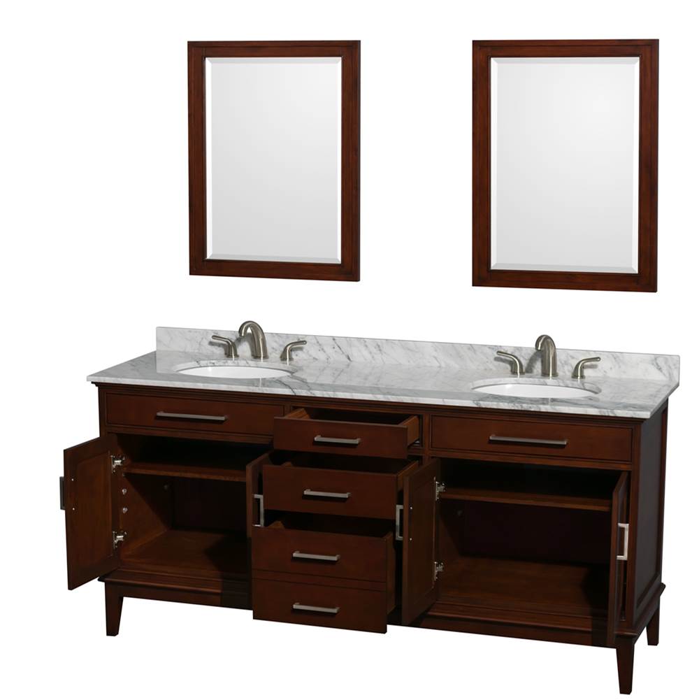 Hatton 72 Inch Double Bathroom Vanity in Dark Chestnut, White Carrara Marble Countertop, Undermount Oval Sinks, and 24 Inch Mirrors