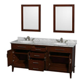 Hatton 72 Inch Double Bathroom Vanity in Dark Chestnut, White Carrara Marble Countertop, Undermount Oval Sinks, and 24 Inch Mirrors