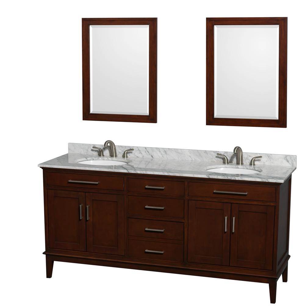 Wyndham Collection - Hatton 72 Inch Double Bathroom Vanity in Dark Chestnut, White Carrara Marble Countertop, Undermount Oval Sinks, and 24 Inch Mirrors - Dark Chestnut