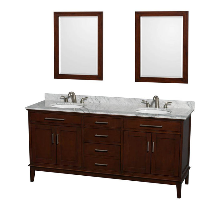 Wyndham Collection - Hatton 72 Inch Double Bathroom Vanity in Dark Chestnut, White Carrara Marble Countertop, Undermount Oval Sinks, and 24 Inch Mirrors - Dark Chestnut