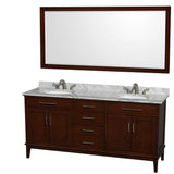 Wyndham Collection - Hatton 72 Inch Double Bathroom Vanity in Dark Chestnut, White Carrara Marble Countertop, Undermount Oval Sinks, and 70 Inch Mirror - Dark Chestnut